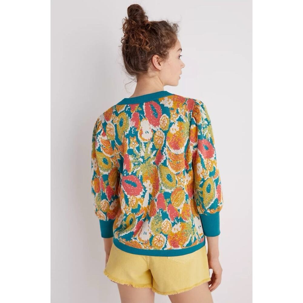 Anthropologie Farm Rio Fruits Sweater teal green orange 100% organic cotton - Picture 3 of 7